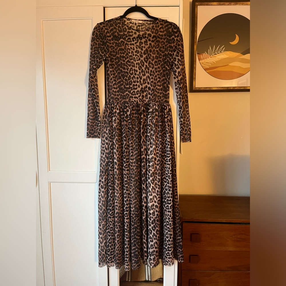Ganni Long Sleeve Leopard Print Midi Dress in Brown and Black